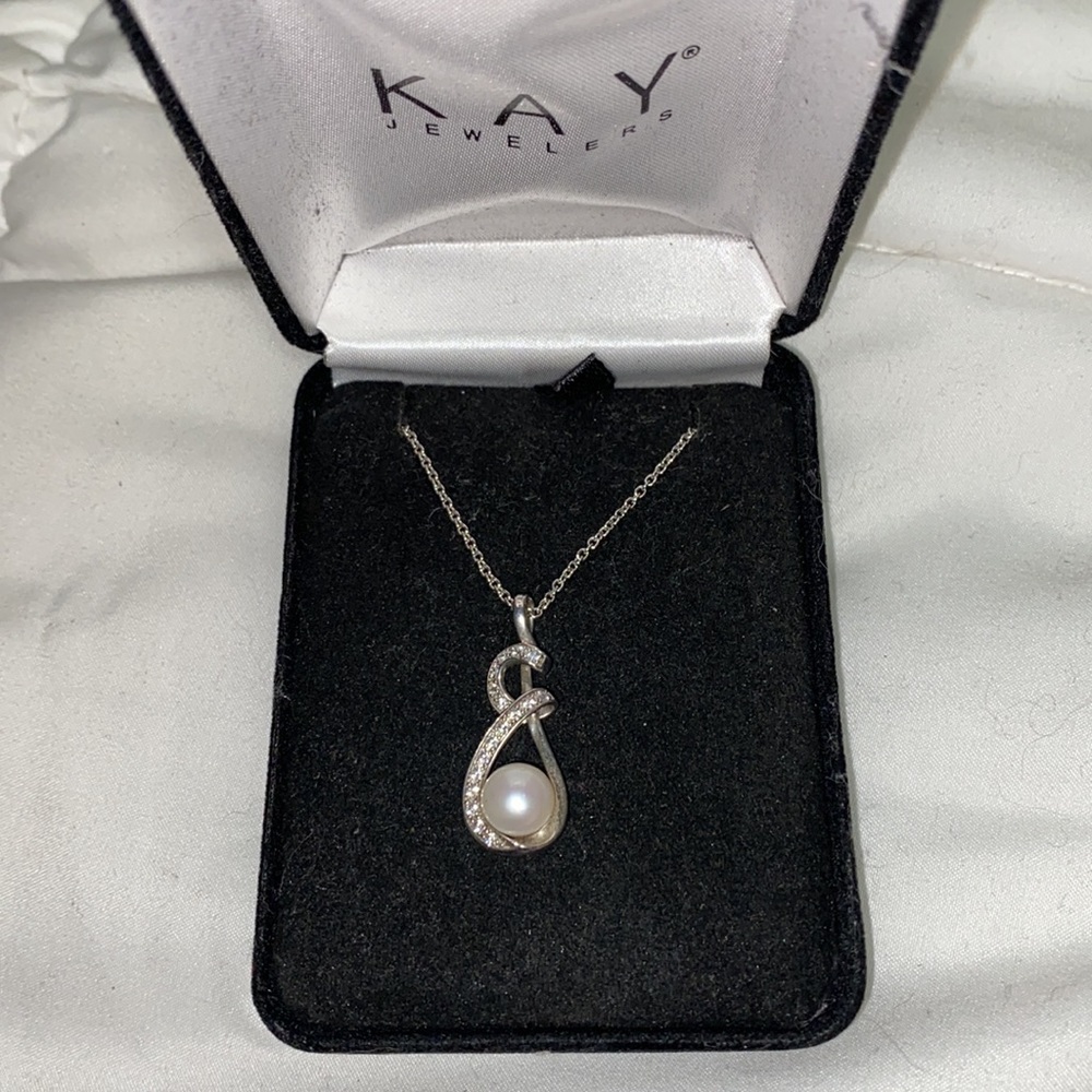 Kay jewelers pearl drop necklace in sterling silver with cz diamonds